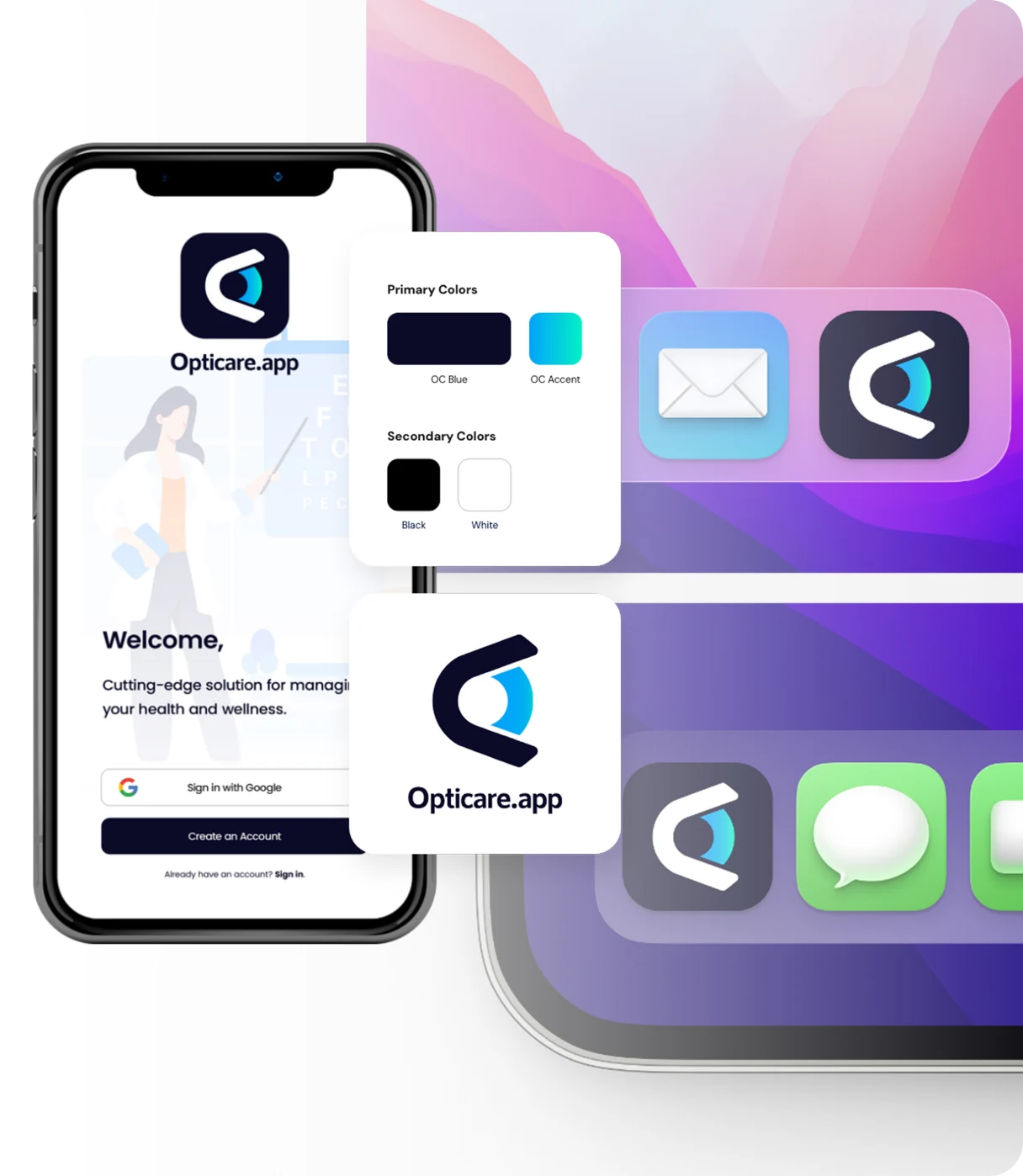 A connected product: the Opticare app on a phone beside its design system and app icons