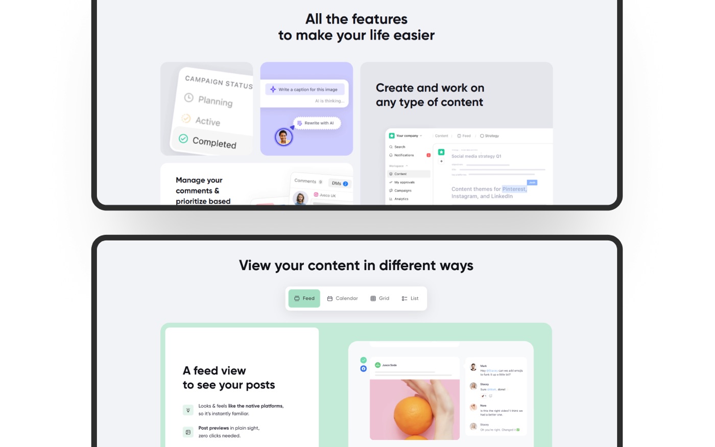 Planable: Feature pages for the collaboration workflow.